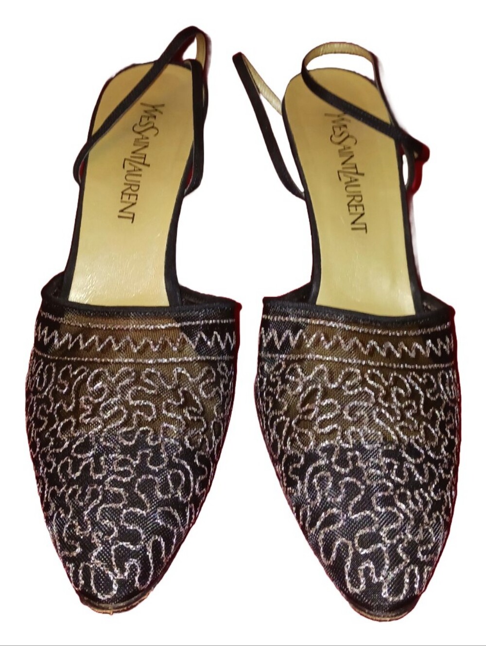 Yves Saint Laurent Black and Silver Embroidered Slingback Flats